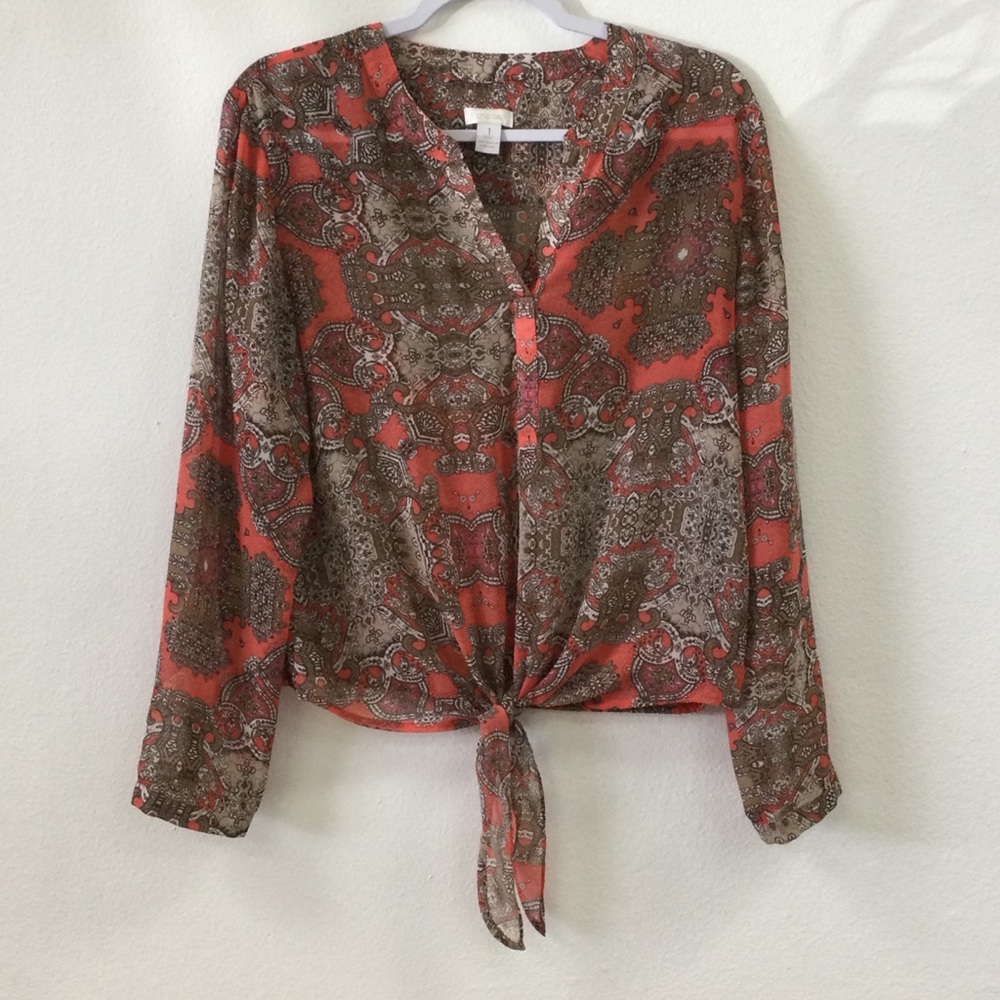 Chico's Red and Brown Tie Front Blouse with Mandarin Collar